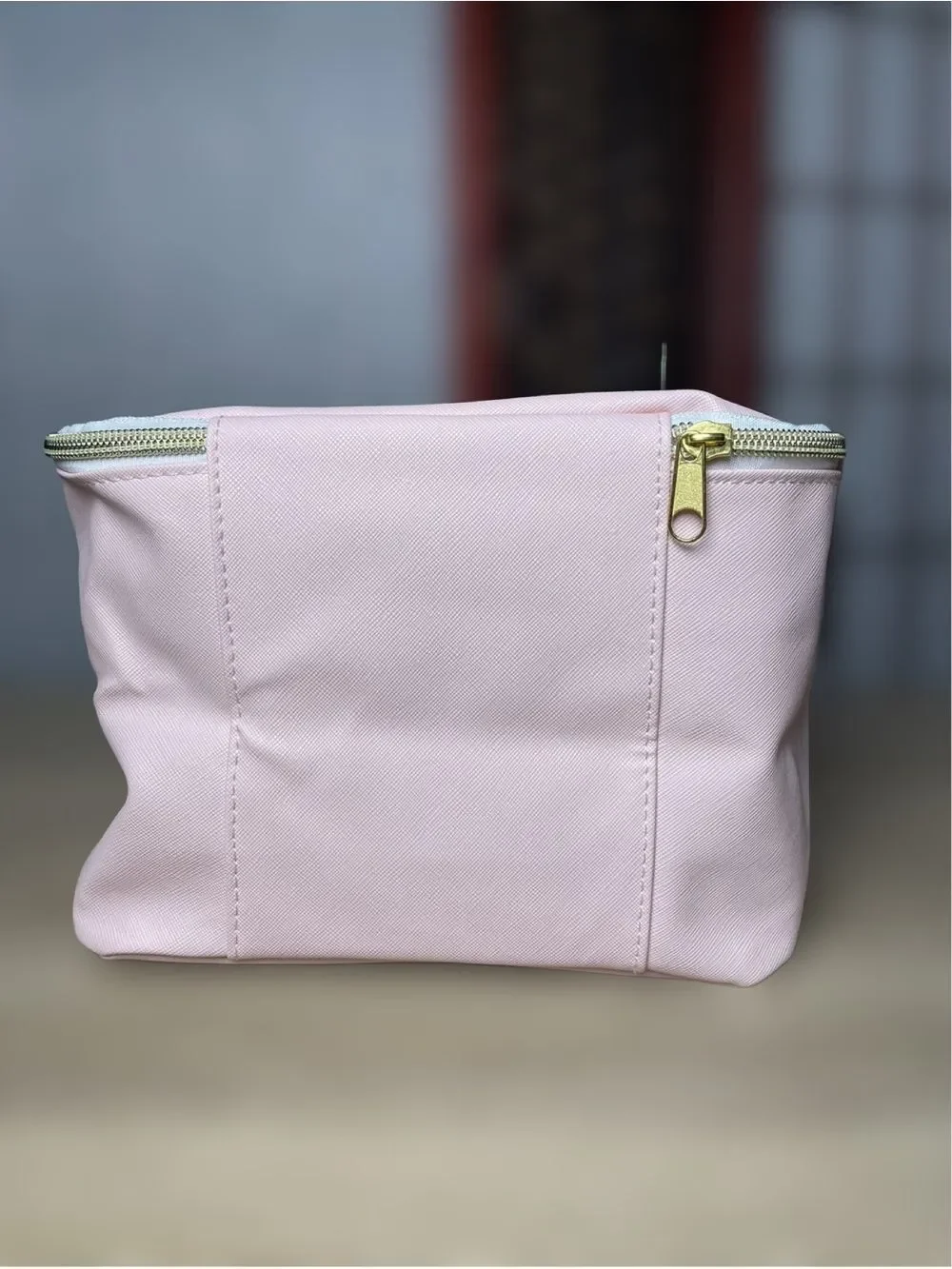 Pink Compact Travel Cosmetic Bag with Top Handle & Gold Hardware - Textured